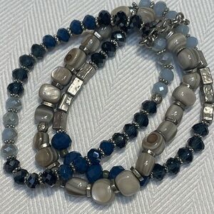 Beaded bracelets Blues, tan & silver. Three conected beaded stretch bracelets